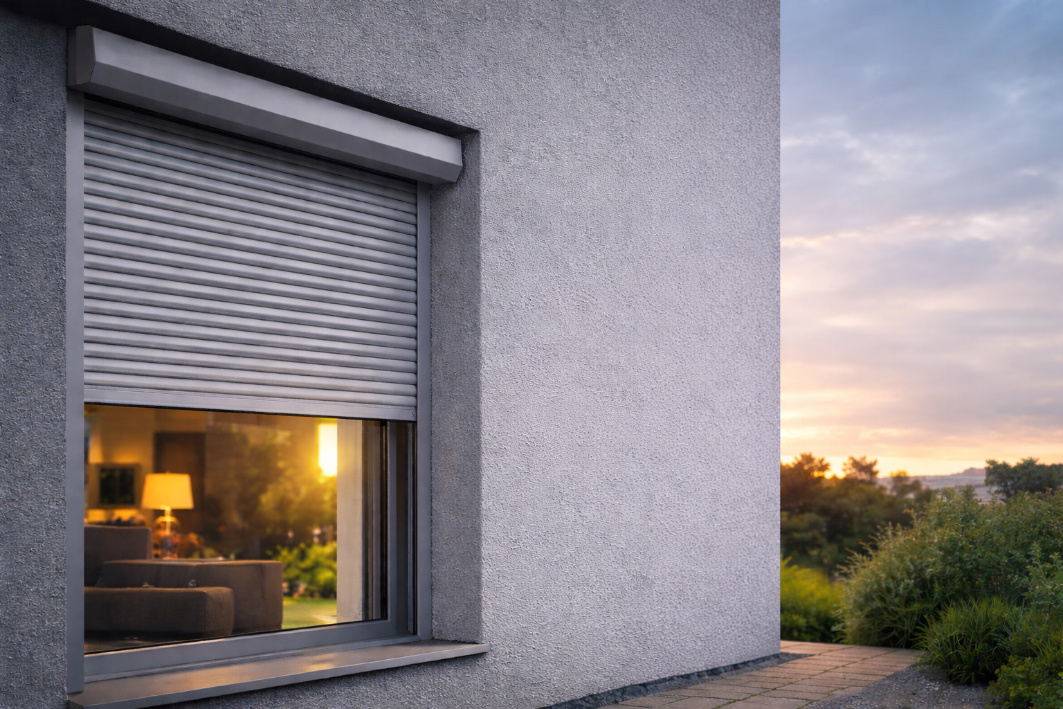 Moderner Vorbaurollladen an einem Hausfenster bei Sonnenuntergang mit geschlossenem Rollladen und beleuchtetem Innenraum