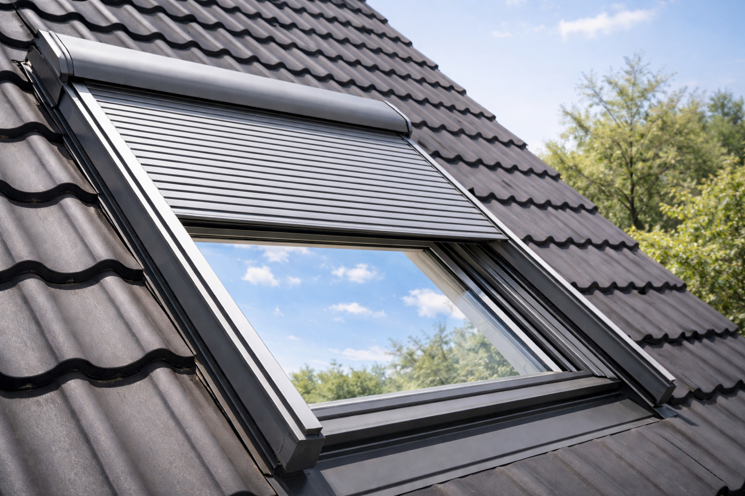 Modernes Dachfenster mit teilweise geschlossenem Rollladen auf einem Hausdach bei sonnigem Wetter