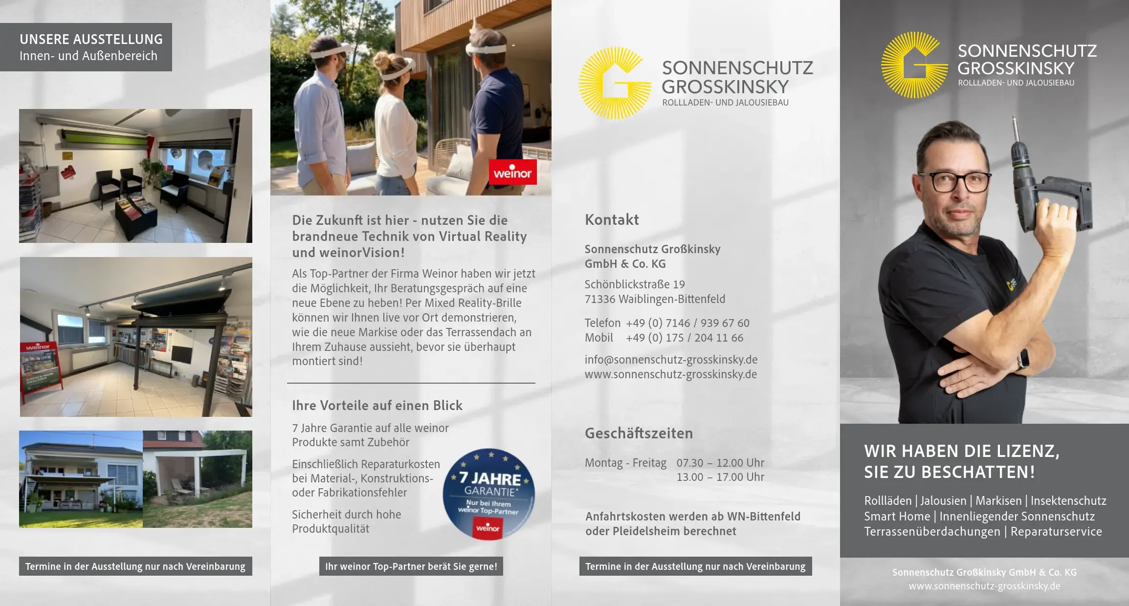 : kostenloser Angebotsflyer Rollläden, Jalousien, Markisen, Insektenschutz, Smart Home, Innenliegender Sonnenschutz, Terrassenüberdachungen, Reparaturservice & Speziallösungen vom Fachbetrieb Großkinsky