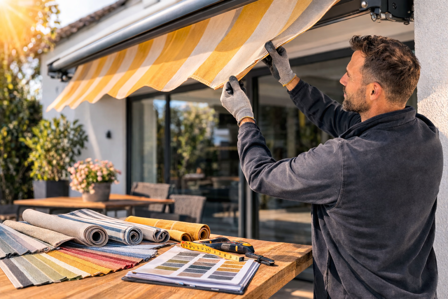Tucherneuerung einer Markise. Auswahl an verschiedenen Stoffen und Stoffmustern. Umsetzung einer Tucherneuerung durch einen Techniker der Firma Sonnenschutz Großkinsky.