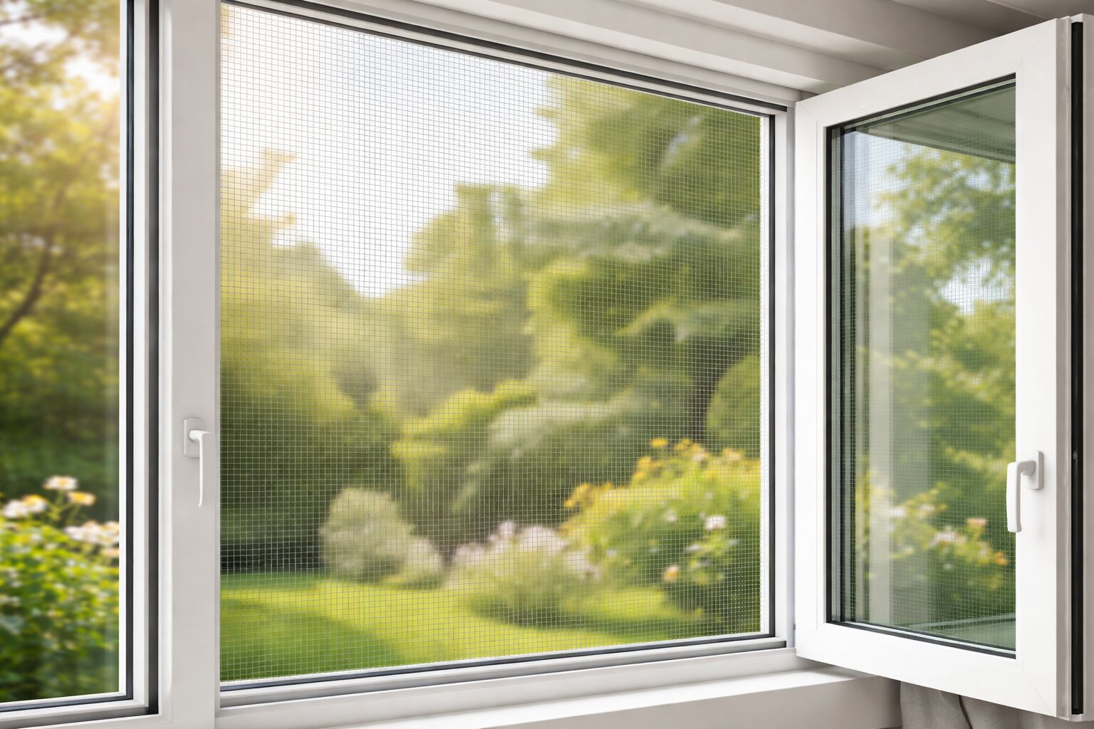 Offenes Fenster mit effektivem Insektenschutz gegen Fliegen, Mücken und Spinnen