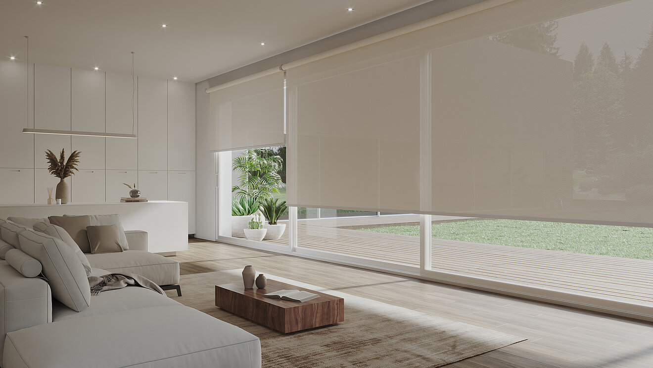 Innenliegendes Rollo als moderner Sonnenschutz im Wohnraum