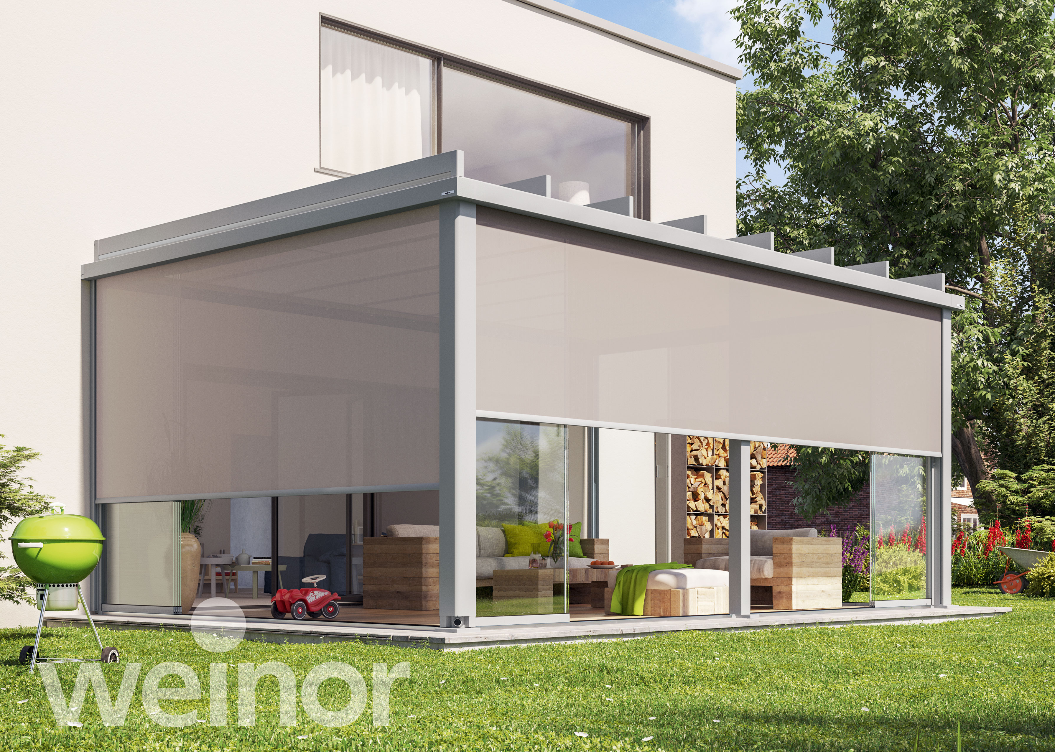 Terrassenüberdachung mit Glasschiebeelementen – wettergeschützter Sitzbereich